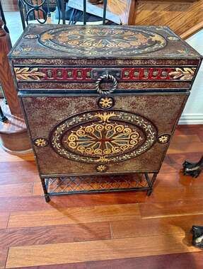Bombay Company Hand Painted Decorative Metal Trunk on Wrought Iron Stand